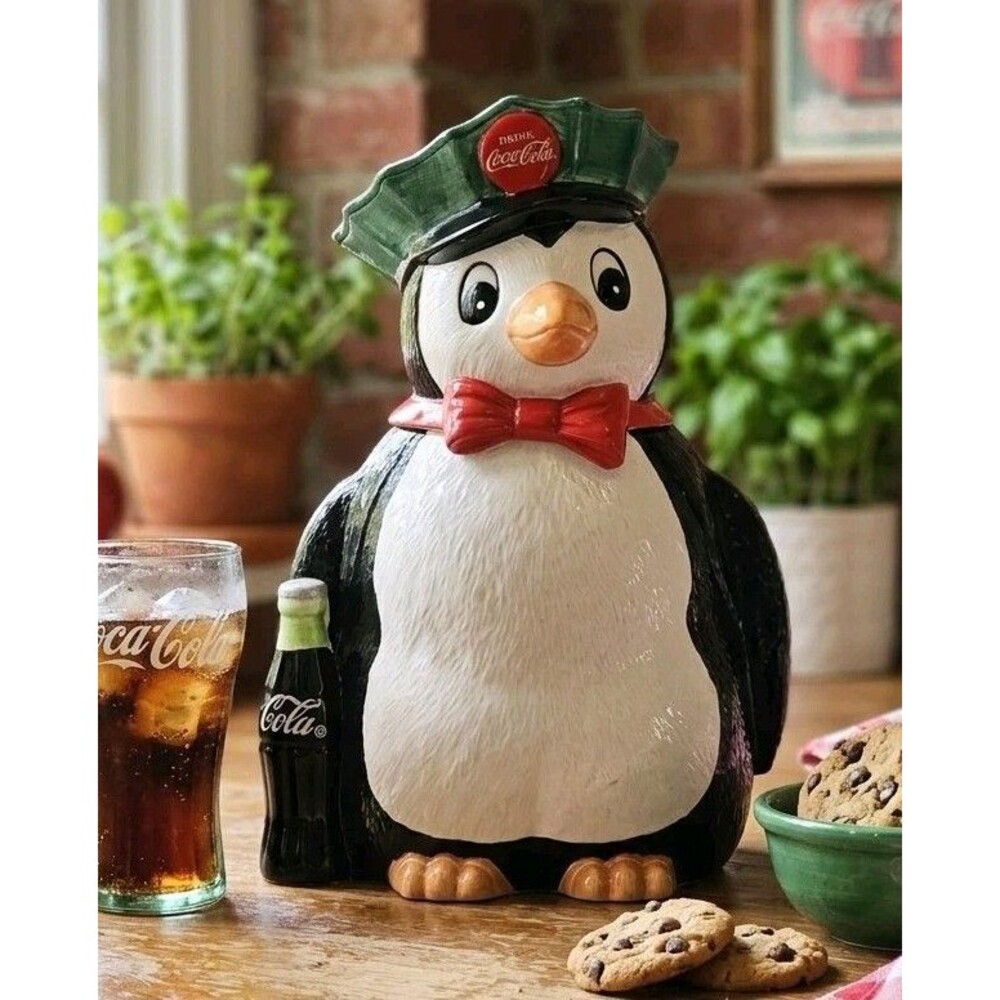 Vintage 1997 Coca-Cola Penguin Cookie Jar Ceramic Authorized Collection 11" MCM